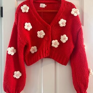 Chic Red Cardigan with White Floral Details